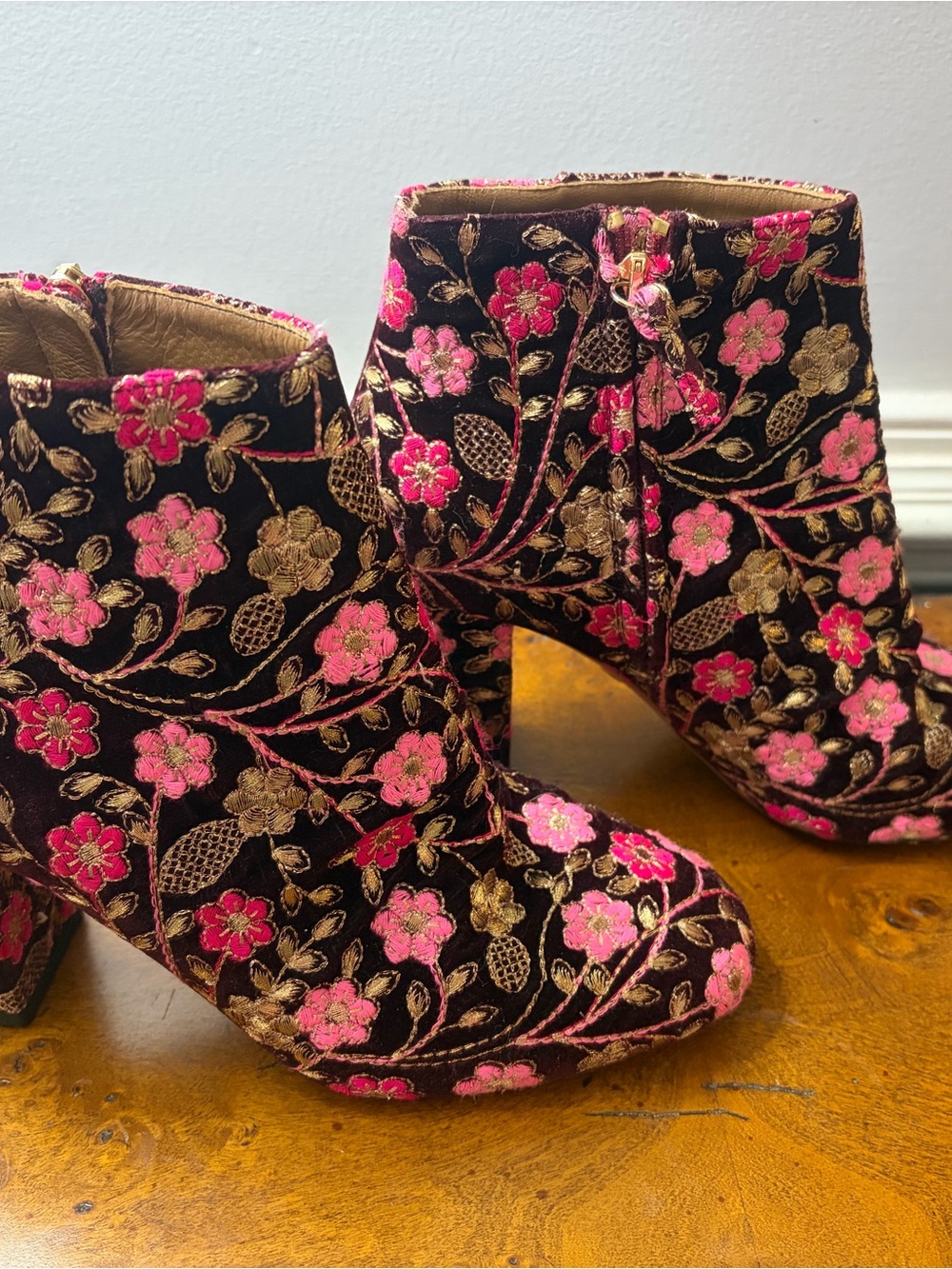 Aquazzura Floral Embroidered Velvet Ankle Boots - Pink on Burgundy - Picture 2 of 5